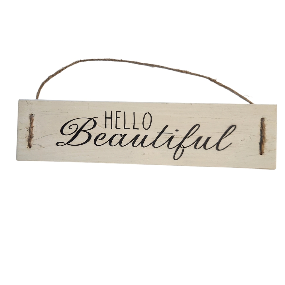 Hello Beautiful Boho Retro Antique White Hanging Wood Wall Sign with Jute Decor